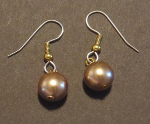 Bronze Swarovski Crystal Pearl Earrings Dangling on Gold Wires - Picture 1 of 4