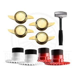 2 Ear Swept Cut Gold KO Spinner Caps + Adapters for Lowriders, Set of 4 + Hammer - Picture 1 of 90