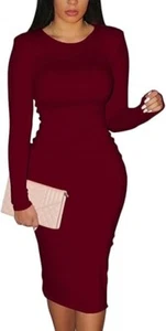 Women Sexy Bodycon valentin Long Sleeve Round Neck Work Office Midi Pencil Dress - Picture 1 of 5