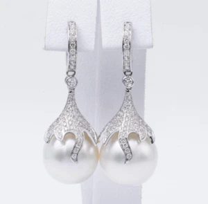 Featuring Two White Round Pearls & Pave Set Lab-Created Diamonds Drop Earrings - Picture 1 of 8
