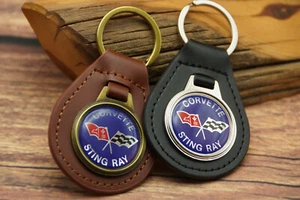 NEW Vtg 70s BLUE CHEVY CORVETTE STING RAY RACE FLAGS Leather Key Chain Ring Fob - Picture 1 of 6