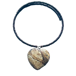 Heart Pendant Wire Choker Necklace Big Natural Landscape Jasper Stone Wood Beads - Picture 1 of 16