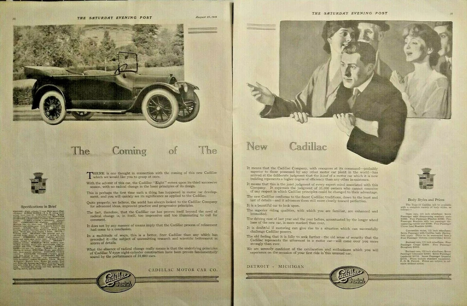 Cadillac Vintage Print Ad Eight Automobile Car Art Original LARGE 2 PAGE 1916 - Image 1 of 2