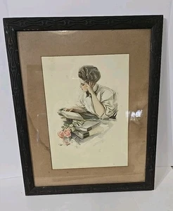 Harrison Fisher 1907 Art Litho "The Study Hour" Art Deco Nouveau Frame 13.75x17 - Picture 1 of 8