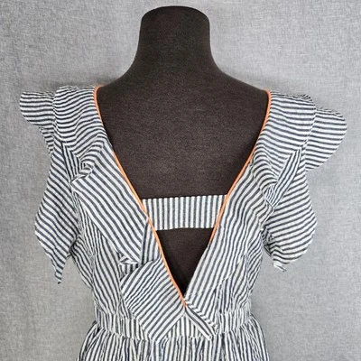 New THML Anthropologie Women's Dress Large Blue White Stripe Summer Seersucker - Image 1 of 4
