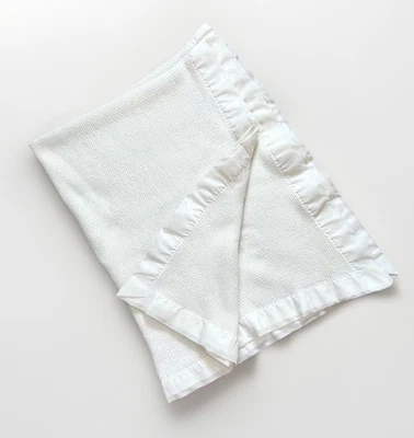 VTG White Cream Acrylic Thermal Waffle Weave Satin Trim 36 X 48 Baby Blanket - Image 1 of 4