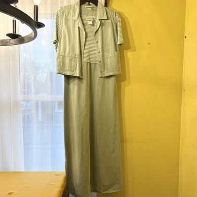 Studio Ease Green White Striped Denim Skirt & Vest Maxi Dress Women’s 8 Vintage - Image 1 of 4