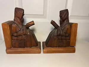 Vintage Hand Carved Wooden Monk Bookends Mid century dark wood christian hermit - Picture 1 of 6