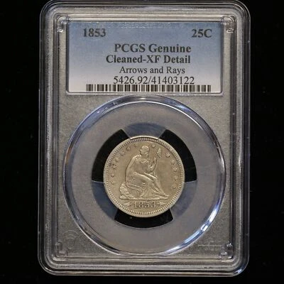 1853 SEATED LIBERTY QUARTER ARROWS RAYS TYPE COIN PCGS XF DETAIL CERTIFIED COIN - Image 1 of 2