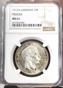 1912 GERMANY SILVER 3 MARK PRUSSIA WILHELM II NGC MS 61 NICE LUSTER - Picture 1 of 3