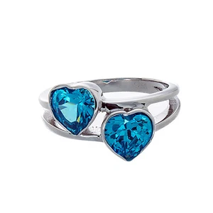 Sterling Silver Bypass Double Hearts Promise Ring with Aqua Color CZ Stones. - Picture 1 of 2