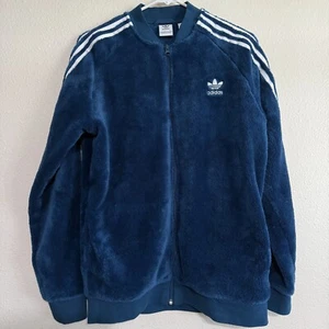 Adidas Jacket Kids Boys Size XL Blue Fluffy Fleece Pockets Full Zip Y2K Sports - Picture 1 of 8