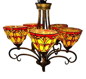 Vintage Tiffany Victorian Style Stained Glass 5 Light Hanging Chandelier 17x17” - Picture 1 of 4