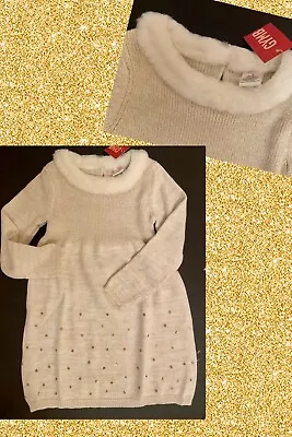NWT Girls 4 Gymboree “CITY SPARKLE” Cotton Ivory/Metallic Gold  Fur Collar DRESS - Image 1 of 4