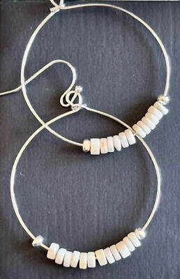 Silver and Heishi Shell Dangle Hoop Earrings. Beach. - Image 1 of 3