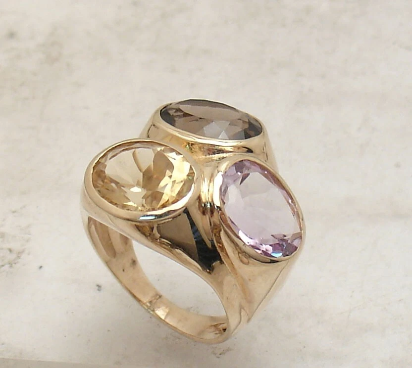 Anillo Technibond tamaño 7 piedras preciosas amatista citrino chapado en oro amarillo de 14K plata Foto 1 de 4