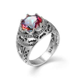 Woman Round Cut Silver Mystic Rainbow Topaz Gemstone CZ Ring Size 7 8 9