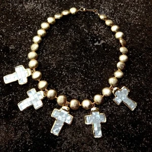 Gold Plated Brushed Coin Necklace White Shell Mother Of Pearl Crucifix Pendant - Picture 1 of 6