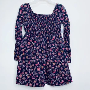 GAP Girls Dress L Long Sleeve Smocked Cotton Dress Blue and Floral Print L 10/12 - Picture 1 of 11