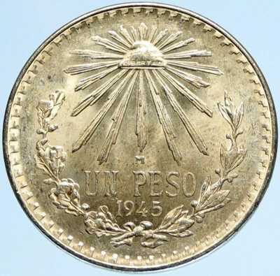 Moneda de 1 peso de plata antigua mexicana gorra libertad águila grande 1945 Mo MÉXICO i97972 Foto 1 de 3