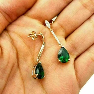 Pendiente de lujo de esmeralda verde creado en laboratorio corte pera de 2,5 quilates enchapado en oro amarillo de 14 k - Imagen 1 de 6