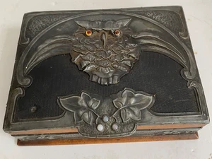 Antique Art Nouveau Arts & Carfts Pewter, Wood Card Box Owl and Moonstones 1900s - Picture 1 of 8
