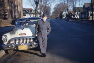 Original Slide 1950's RBK Man In Military USAF Uniform Leaning On sedan Car 343N - Picture 1 of 1