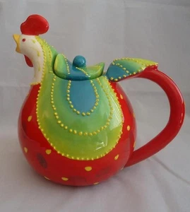 Rocking Roosters Tony Gallo Ceramic Teapot NIB Retired 4865-1 Red Green Yellow - Picture 1 of 3