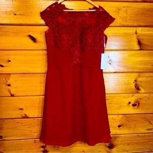 Schickes Burgunderrot Spitze Chiffon bestickt Brautjungfer Midi Brautkleid 16W - Bild 1 von 7