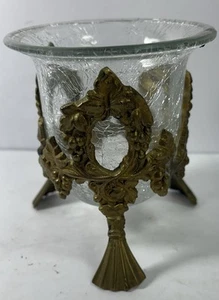 Vintage Crackle Glass Bowl W/3 Legged Crawfoot Brass Stand - India - Picture 1 of 8
