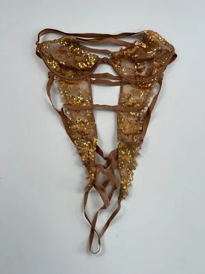 Body Victoria's Secret Dorado Lentejuelas Encaje Peluche Tanga en V Dorado Marrón Talla XL NUEVO CON ETIQUETAS Foto 1 de 4