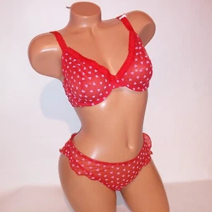 Victoria Secret Bra Set Unlined Demi High Leg Thong Red Pink Hearts Sheer Ruffle - Picture 1 of 16