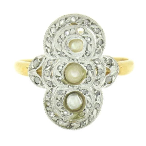 Antique Edwardian 18K Gold & Platinum 0.44ct Diamond Seed Pearl Tulip Sides Ring - Picture 1 of 8