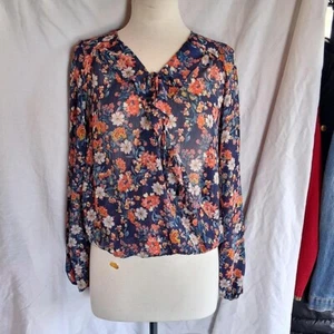 mossimo Navy floral sheer blouse with tie/wrap front and sheer long sleeves sz s - Picture 1 of 5