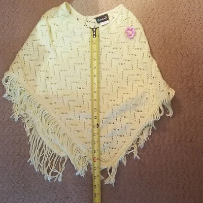 Coolwear USA Lime Green Crocheted Shawl Girls S/M Sweater Fringe Pink Flower - Image 1 of 4