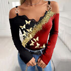 Butterfly Print T-Shirt Women Long Sleeve Slim Off Shoulder Lace Pullover Tops