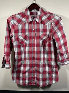Roper Pearl Snap Shirt Womens 3/4 Sleeve Western Red Plaid Shirt Size M Medium - Picture 1 of 9