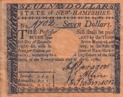 USA NEW HAMPSHIRE 1780 $7.00 BILL REPRODUCTION - Image 1 of 4