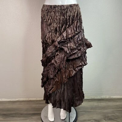 Surrealist Brown Crinkle Tiered Velvet Maxi Skirt Handkerchief Hem Goth Gypsy L - Image 1 of 4