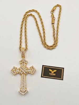 Collana in ottone placcato in oro con ciondolo croce e cubic zirconia anallerg. - Immagine 1 di 2