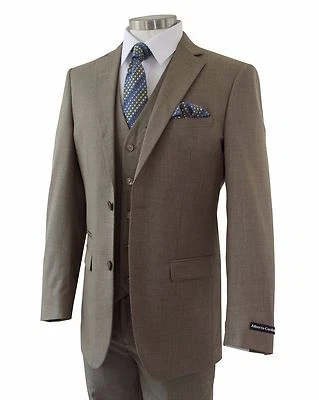 Men's Taupe Brown Sharkskin 3pc 2 Button Slim-Fit Suit w/ Matching Vest NEW  - Image 1 of 4