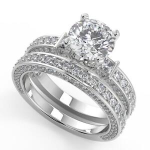 3.05 Ct Round Cut Bar 3 Sided Pave Diamond Engagement Ring VS2 G Treated