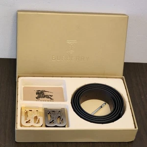 BURBERRY Black Leather BELT SET 41" SILVER & GOLD PRORSUM Interchangeable BUCKLE - Picture 1 of 20