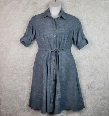 Sz 10 Sharagano Women's Blue Chambray 3/4 Roll Tab Sleeve Belted Shirt Dress - Image 1 of 4
