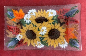 Peggy Karr Vetro Artistico Fuso Girasole Autunno Foglie Fiori 10" Piatto Colorato - Foto 1 di 5