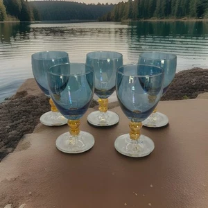 J. Preziosi Lavorato A Mano Made Italy Smokey Blue Wine Glasses Gold Knob Stems - Picture 1 of 6