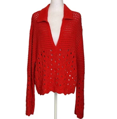 NWT H&M Women’s Red Crochet Sweater Pointelle Knit Cotton Scalloped Sleeve Sz XL - Image 1 of 4