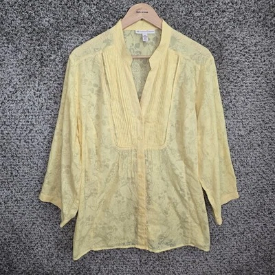 JM Collection Top Womens 18W Yellow Sheer Pintuck Button Up Blouse Burnout - Image 1 of 4