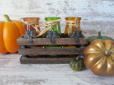 3 Colored Glass Jars Vase Bottle Wood Crate Harvest Fall Leaves Thanksgiving - Image 1 of 4