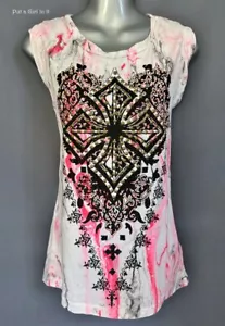 New USA VOCAL Womens CRYSTAL STUDDED PINK TIE DYE CROSS T SHIRT S Small - Picture 1 of 3